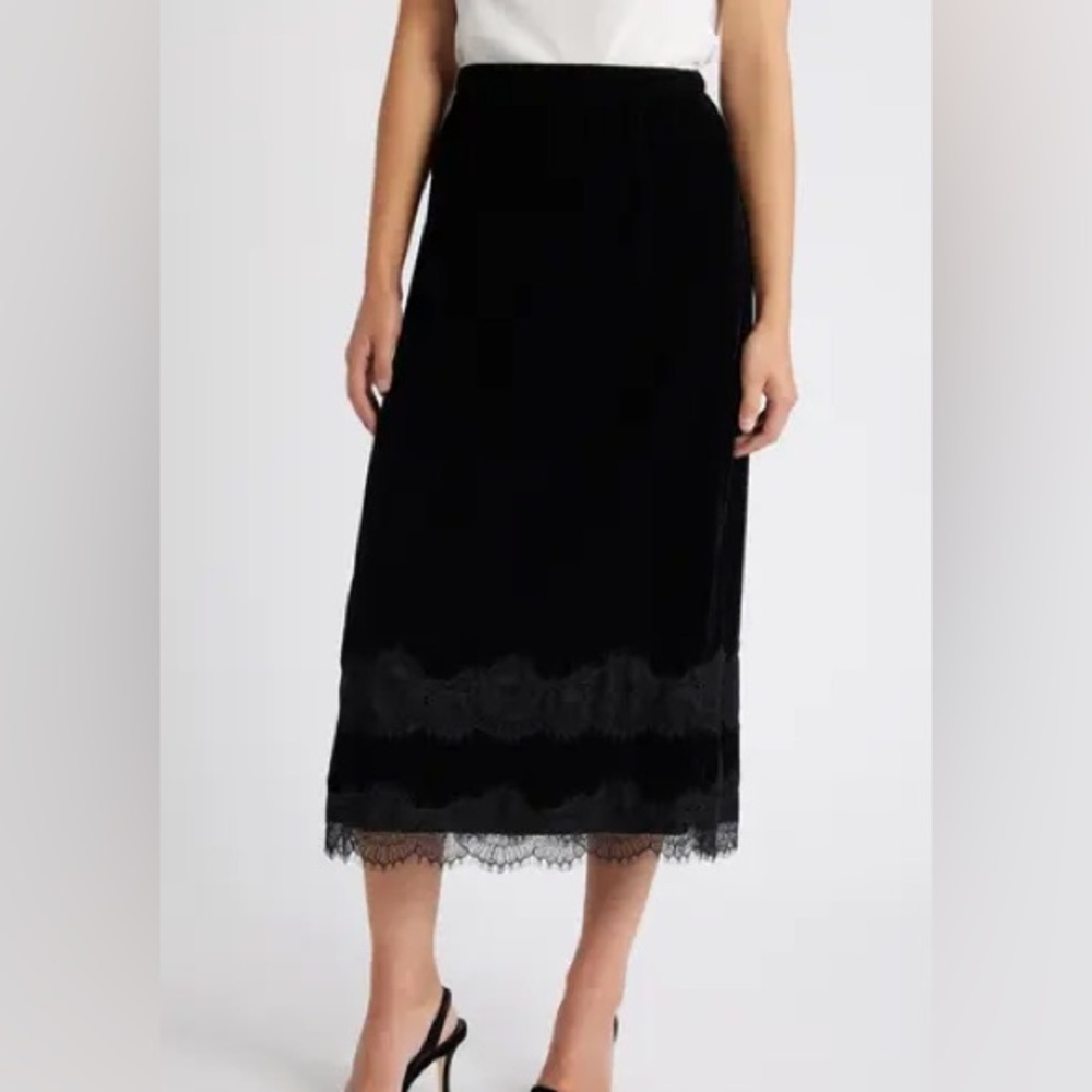 Sam Edelman Gracie lace trim detail velvet midi skirt new